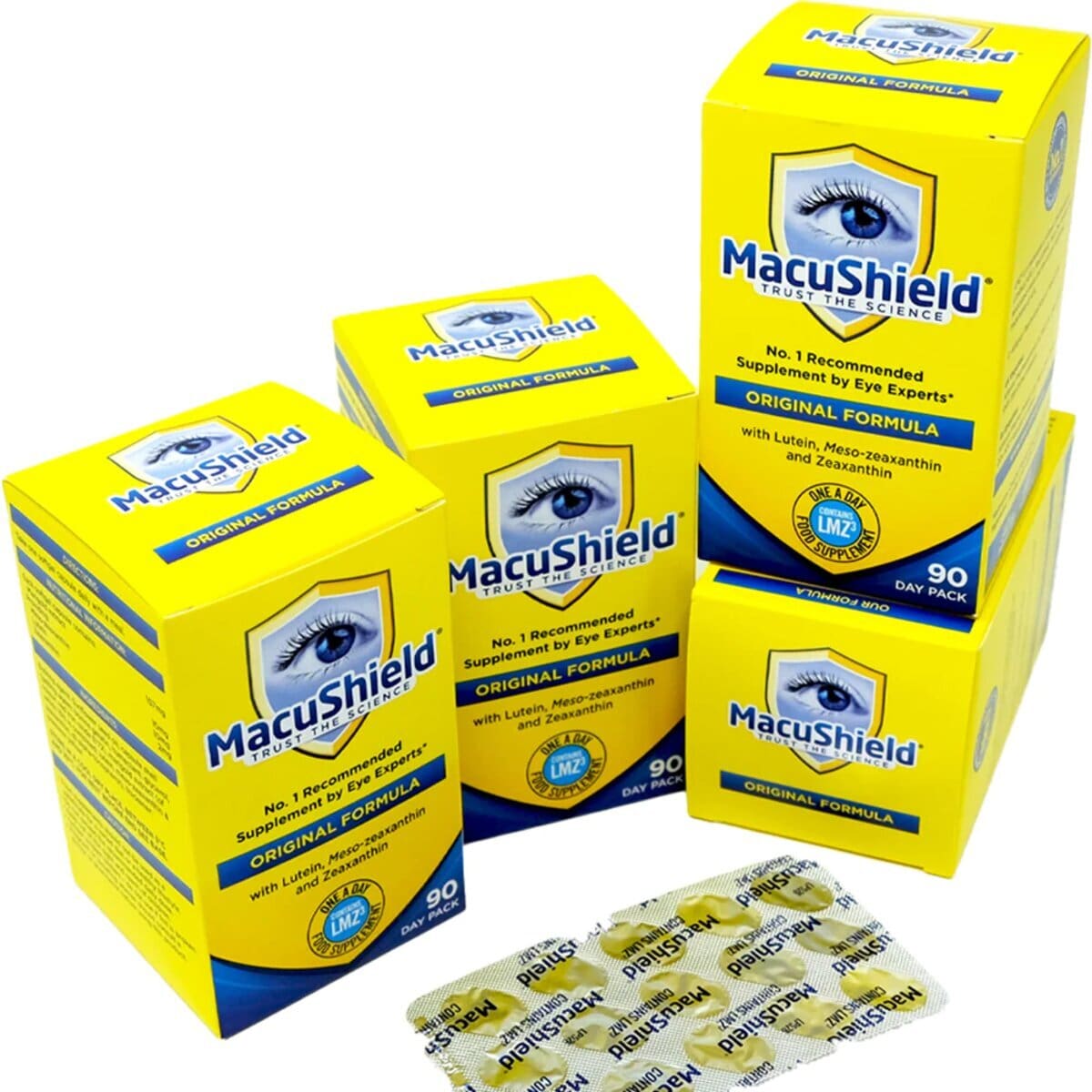 MacuShield Original Eye Supplement Capsules – available in 30 and 90 capsule packs, triple macular carotenoids (lutein, meso-zeaxanthin, zeaxanthin) to support macular health and normal vision, blue and yellow box front