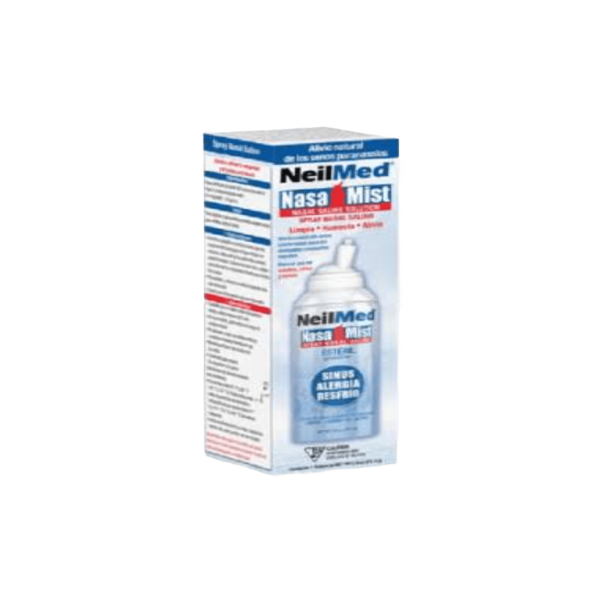 NeilMed NasaMist Saline Spray, 75ml, a sterile saline nasal spray designed to help moisturise dry nasal passages, loosen mucus and support gentle cleansing of the nose. Available from Dock Pharmacy UK.