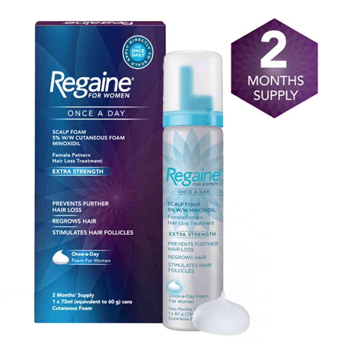 Regaine For Women Foam, 1 x 73ml, a topical minoxidil 5% foam for hereditary female pattern hair loss, designed to help stimulate hair regrowth and improve thinning hair with consistent use. Available from Dock Pharmacy UK.