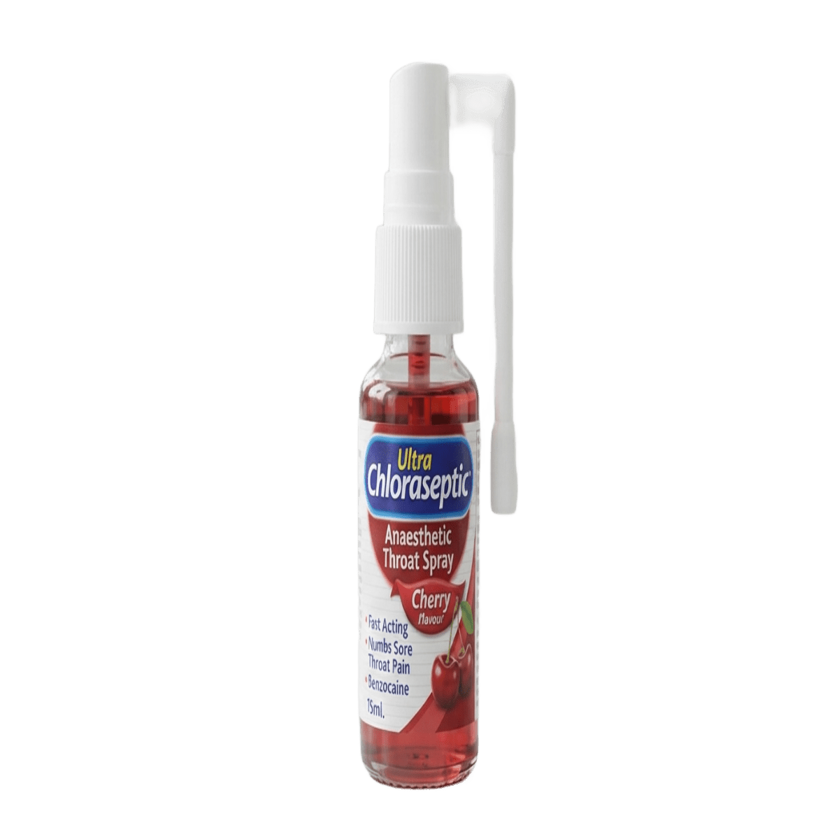 Ultra Chloraseptic Anaesthetic Throat Spray Cherry Flavour, 15ml, fast-acting cherry-flavoured medicated throat spray containing local anaesthetic benzocaine for targeted temporary relief of sore throat pain and throat discomfort. Available from Dock Pharmacy UK.