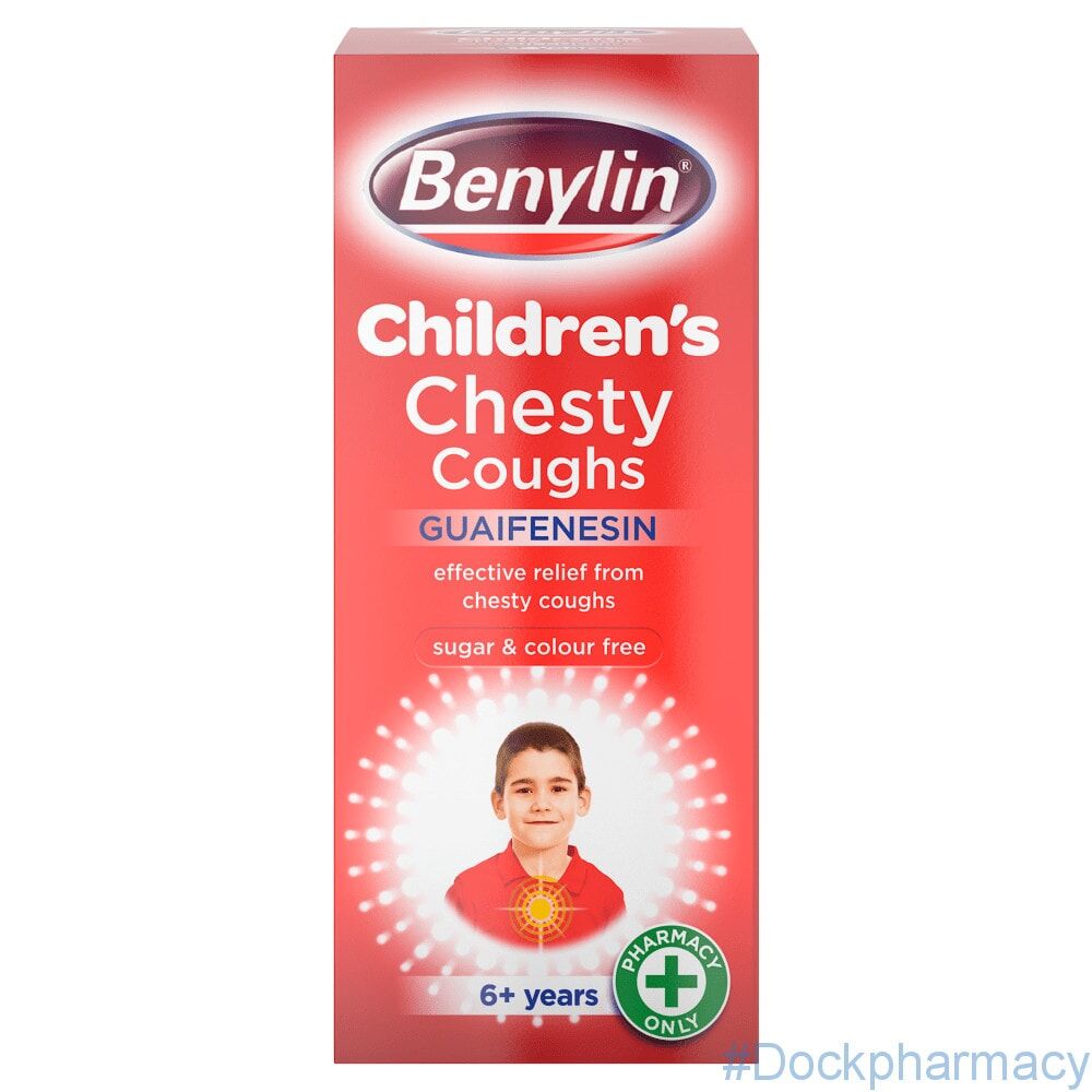 Benylin Children's Chesty Cough Non-Drowsy, 125ml – orange-labelled bottle with dosing cup, specially formulated to relieve chesty coughs in children without causing drowsiness.