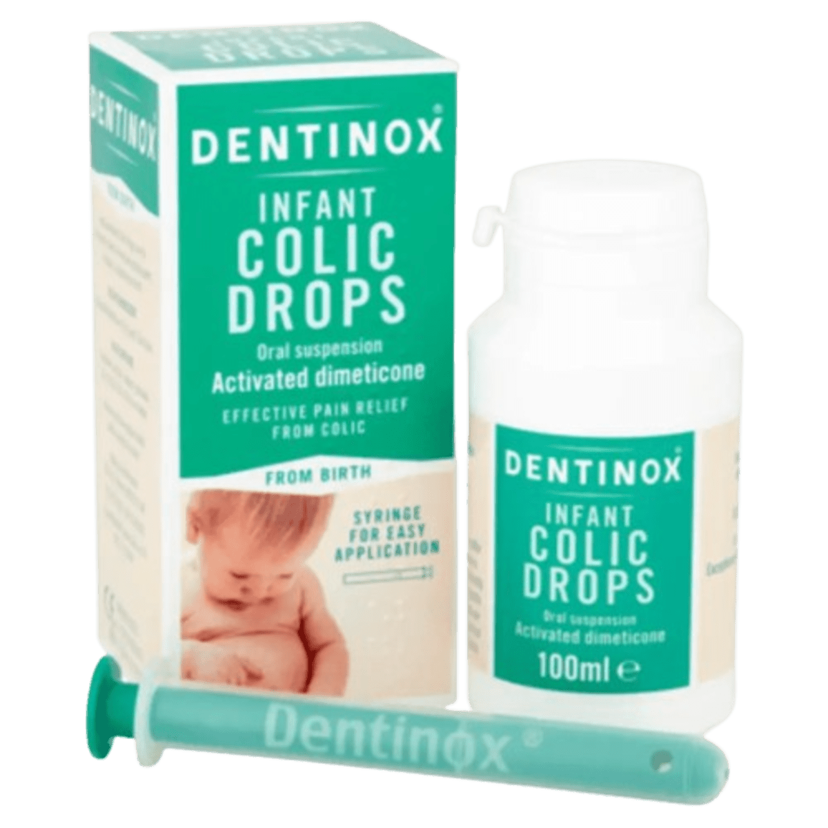 Dentinox Colic Drops 100ml with oral syringe for infants, simethicone-based liquid relief for baby colic, wind and trapped gas, easy-dose bottle packaging, UK pharmacy product