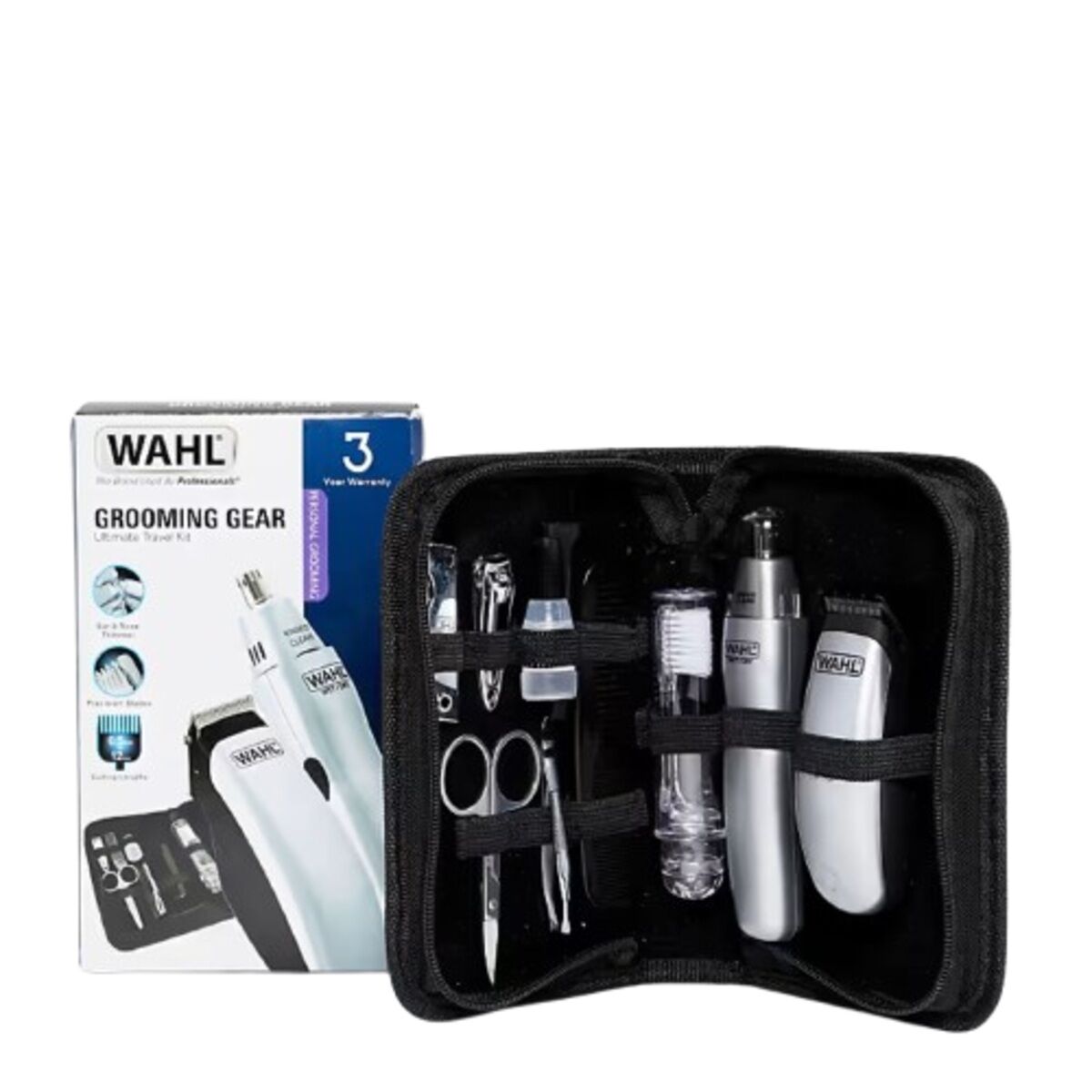 Wahl Grooming Gear Ultimate Travel Kit shown with compact trimmer, scissors, nail clippers, combs and grooming tools arranged inside a zippered travel case designed for men’s grooming on the go