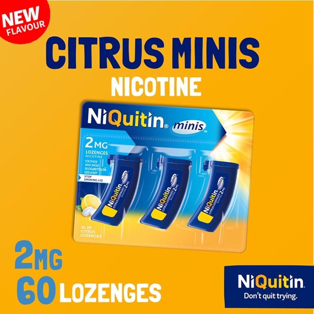 Niquitin Mini Citrus Lozenges 2mg, 60 Lozenges pack – nicotine replacement therapy to help quit smoking, fast-acting citrus flavour lozenges in yellow box, Dock Pharmacy UK. ast-acting nicotine replacement therapy to help stop smoking, refreshing citrus flavour, NRT quit smoking aid, UK packaging